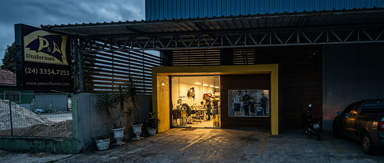 Fachada da fábrica da P&A Uniformes em Resende, Rio de Janeiro